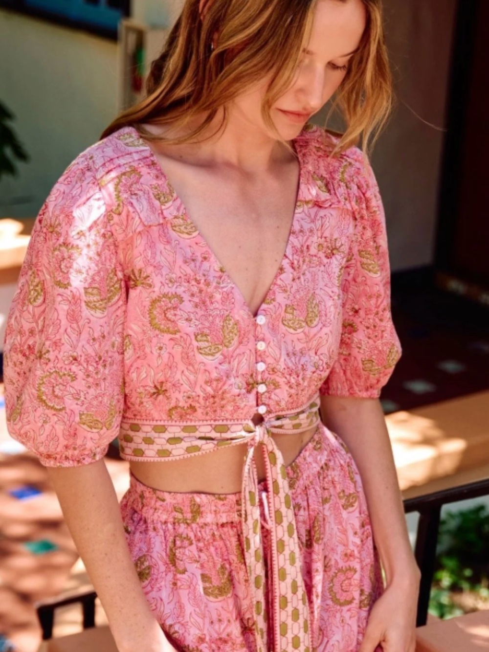Cleobella Pink Paisley Cropped Tie-Front Top